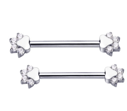 Nipple piercings with cat paws 14G 14mm gold and silver titanium 1 pair