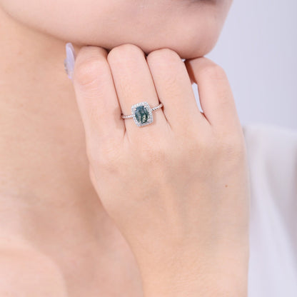 Moss agate engagement ring in silver halo ring rectangle shaped