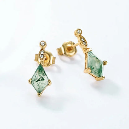 Green agate drop earrings with natural green moss agate in gold