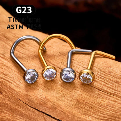 20 gauge L shaped nose ring with a round CZ stone titanium nose stud silver and gold