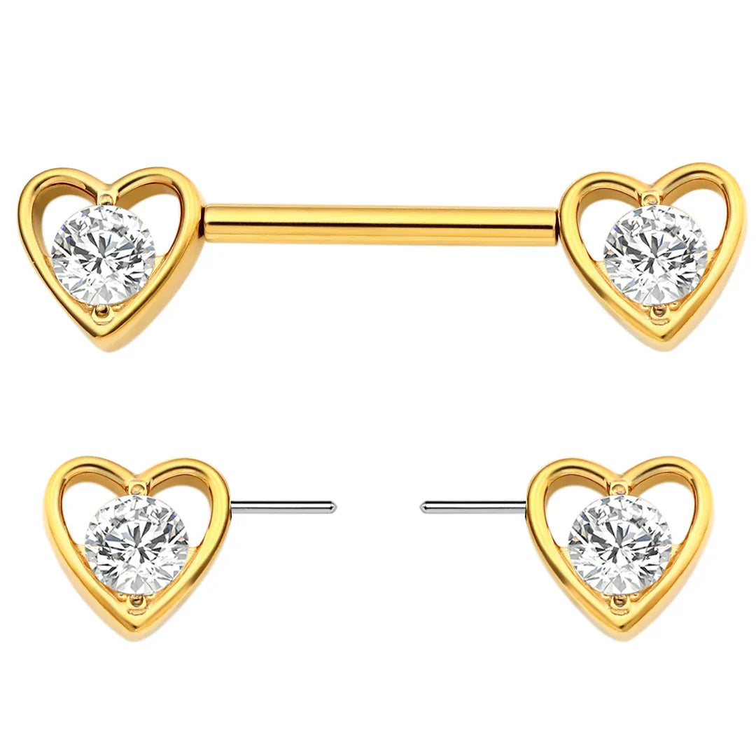 Heart nipple piercing with CZ stones heart-shaped nipple bar cute sexy titanium