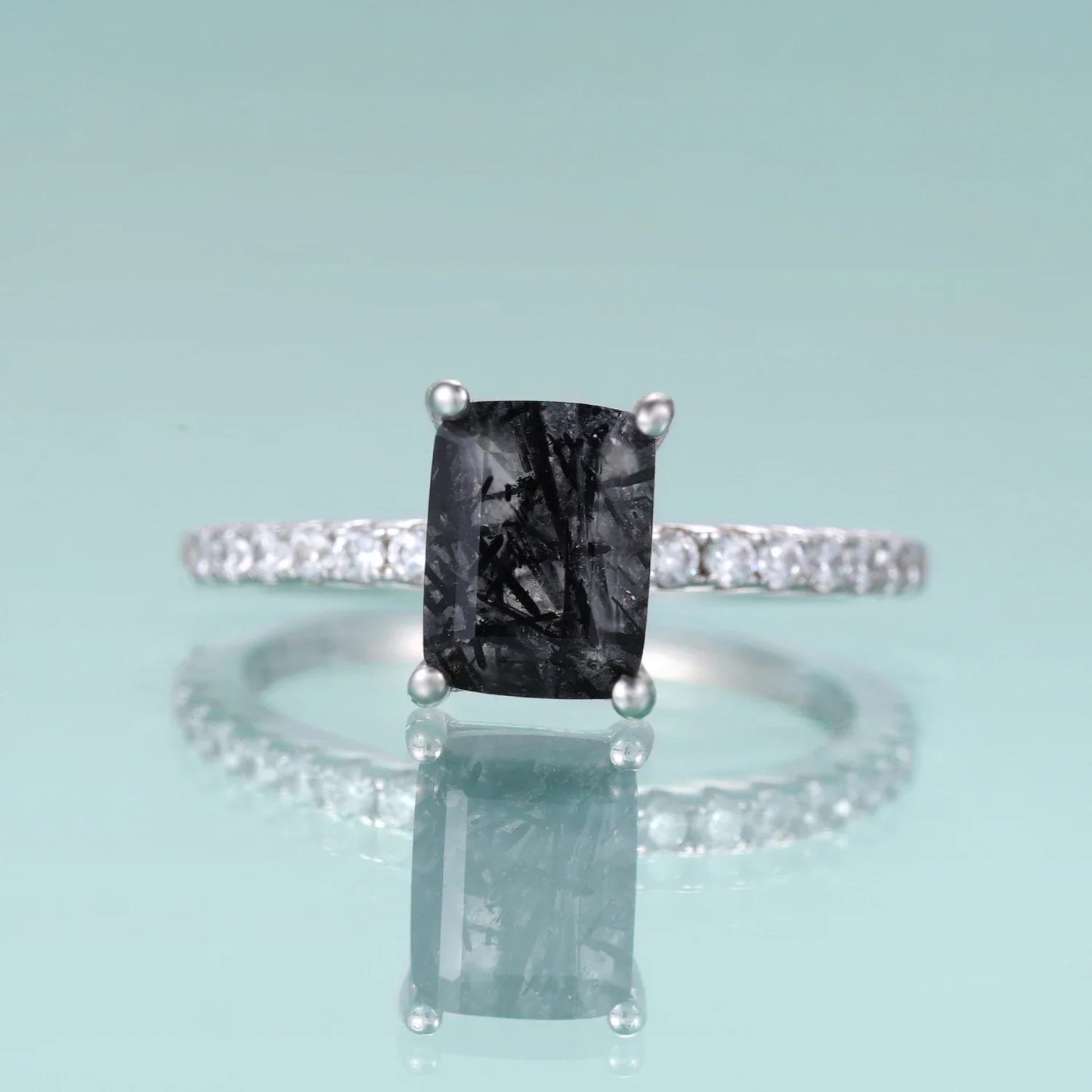 Rutilated quartz ring sterling silver emerald cut