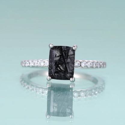 Rutilated quartz ring sterling silver emerald cut