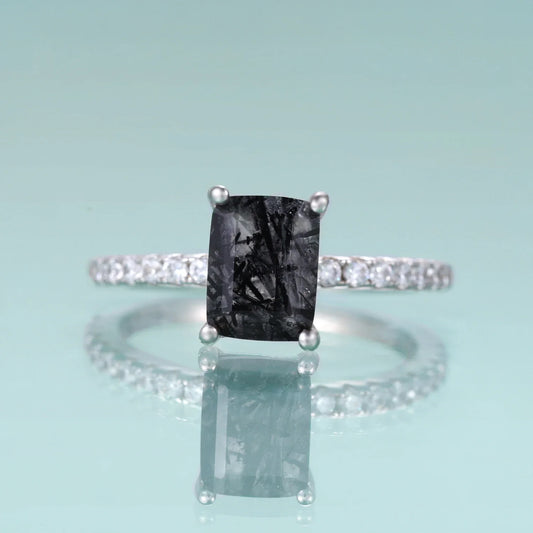 Rutilated quartz ring sterling silver emerald cut