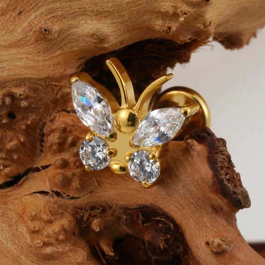 Labret piercing stud cute with a butterfly 16G implant-grade titanium flat back CZ stone