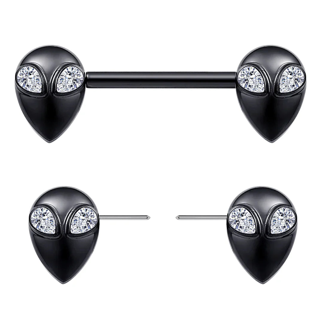 Black nipple piercing aliens straight barbells 2 pieces Halloween threadless titanium 14G 14mm