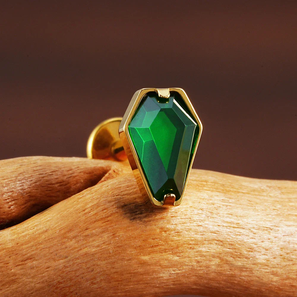 Gold medusa piercing coffin shaped with red green black diamond CZ titanium stud 16G