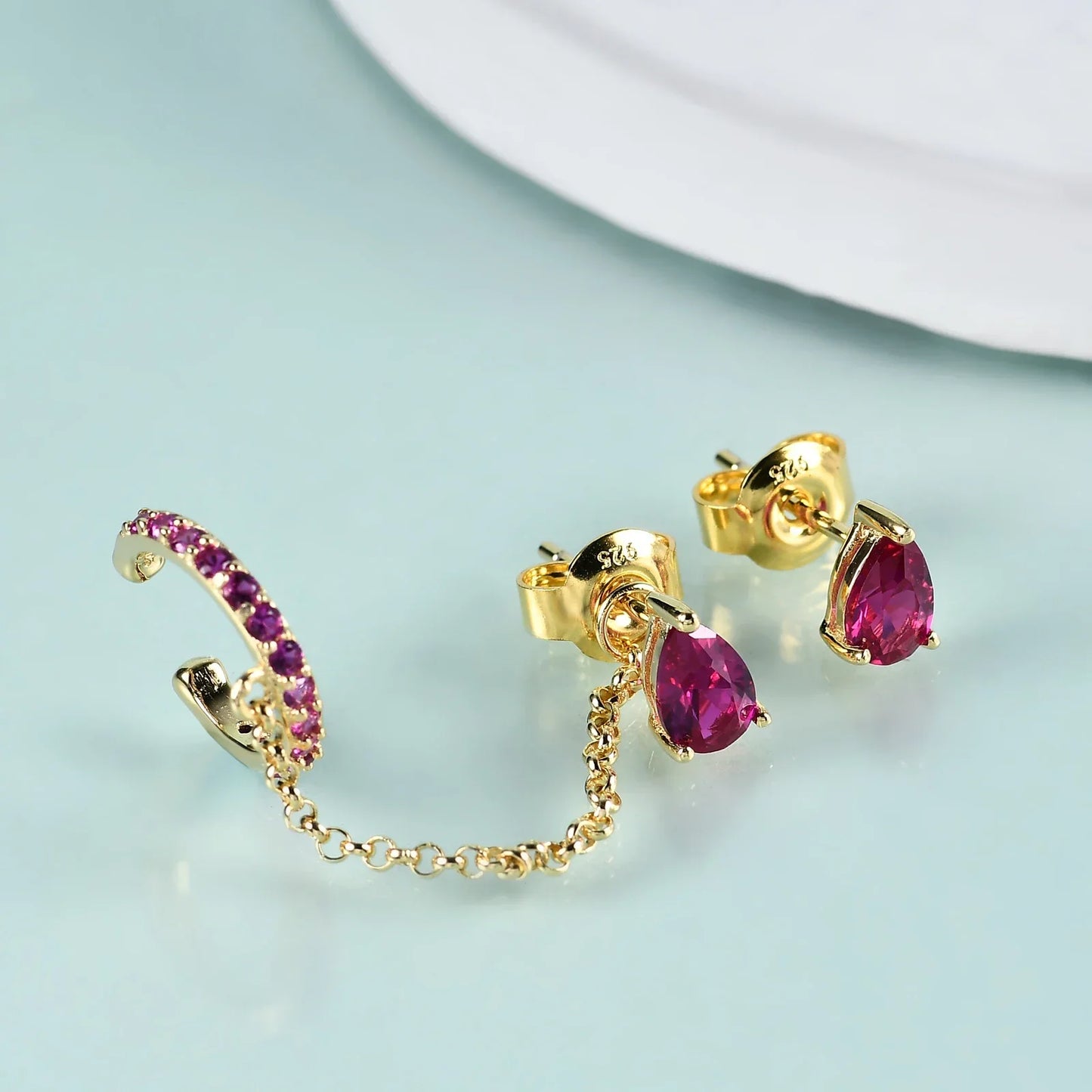 Ear cuff and stud set with clear red and green teardrop cz stones gold ear cuff
