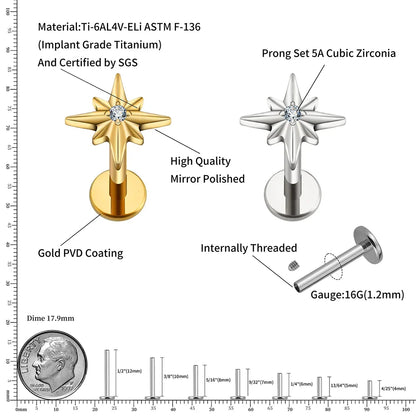 Inner conch stud with a star and a diamond flat back 16 gauge gold silver titanium
