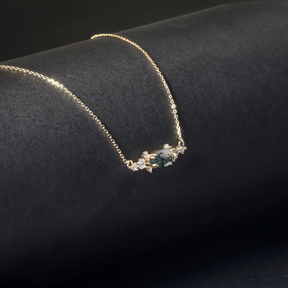 Moss agate pendant necklace with a marquise stone rose gold necklace