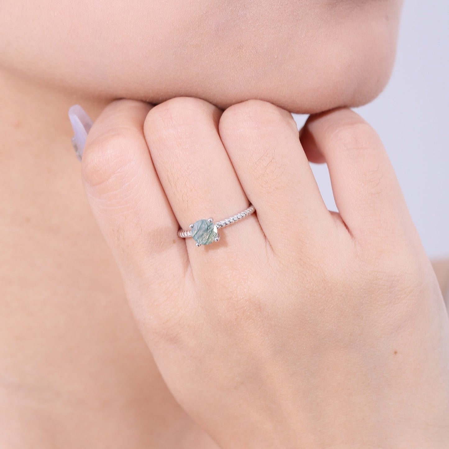 Women's moss agate ring solitaire ring minimalist and dainty in silver