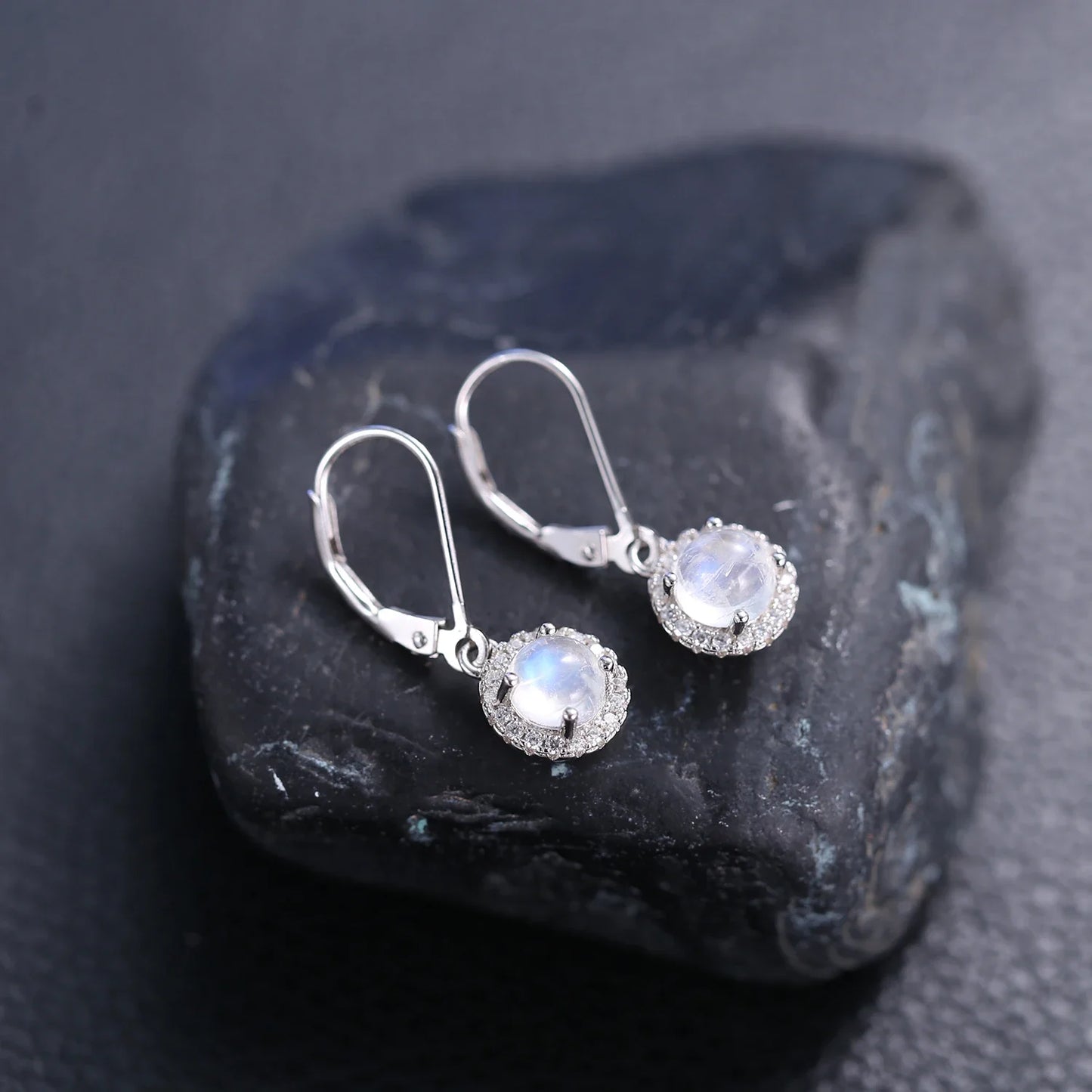 Moonstone dangle earrings with round moonstones and clear cz womens drop earrings