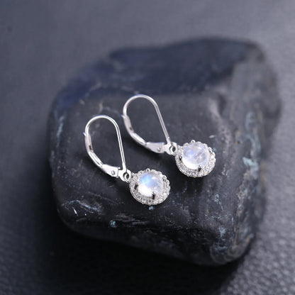 Moonstone dangle earrings with round moonstones and clear cz womens drop earrings