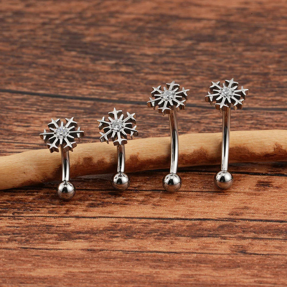 Rook piercing barbell with a snowflake curved barbell rook piercing gold silver titanium 16G