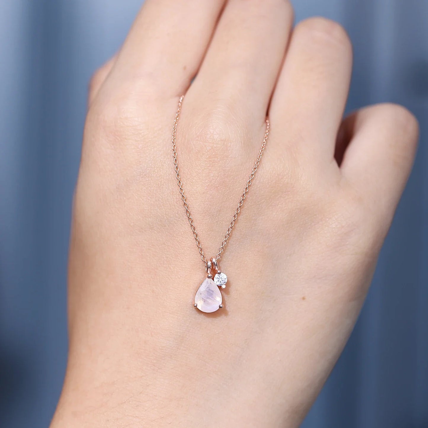 Moonstone necklace rose gold with a clear cz sterling silver June Birthstone
