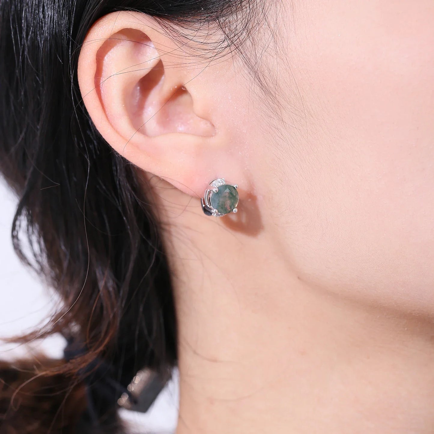 Moss agate earrings silver with green round moss agate dainty and classic