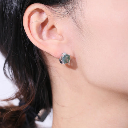Moss agate earrings silver with green round moss agate dainty and classic