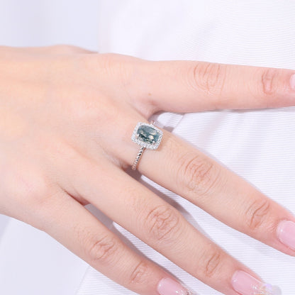 Moss agate engagement ring in silver halo ring rectangle shaped