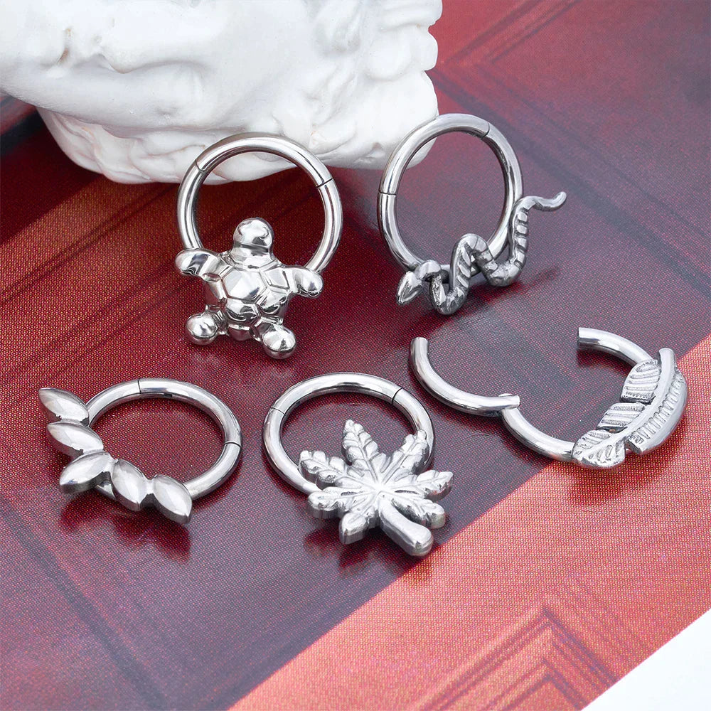 Leaf nose ring titanium hinged clicker septum piercing 16G silver