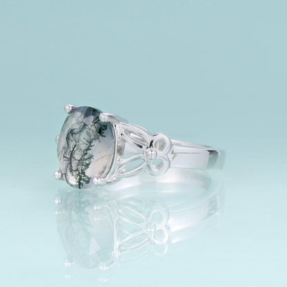 Moss agate ring vintage style oval cut in 925 sterling silver