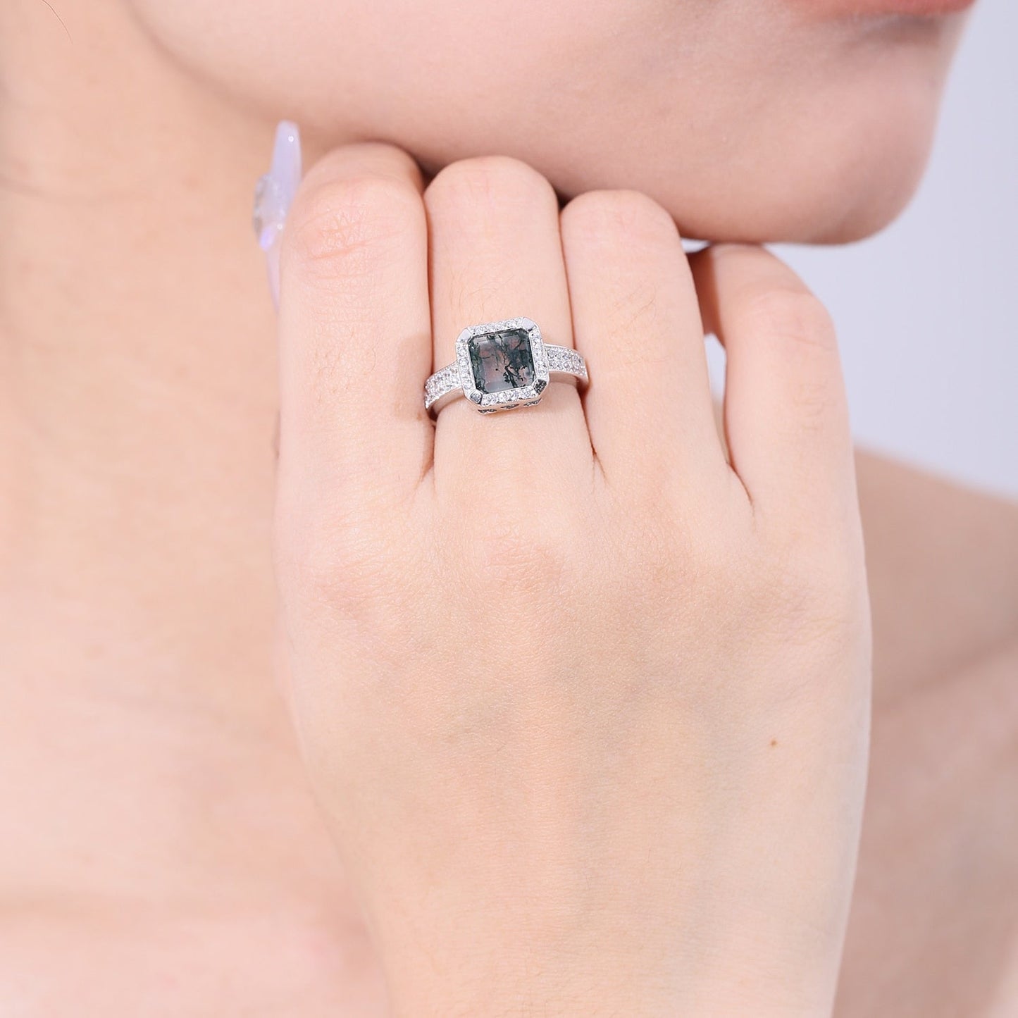 Men's moss agate ring square shape halo setting in silver