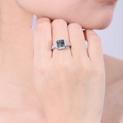 Men's moss agate ring square shape halo setting in silver