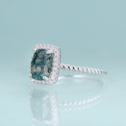 Moss agate engagement ring in silver halo ring rectangle shaped