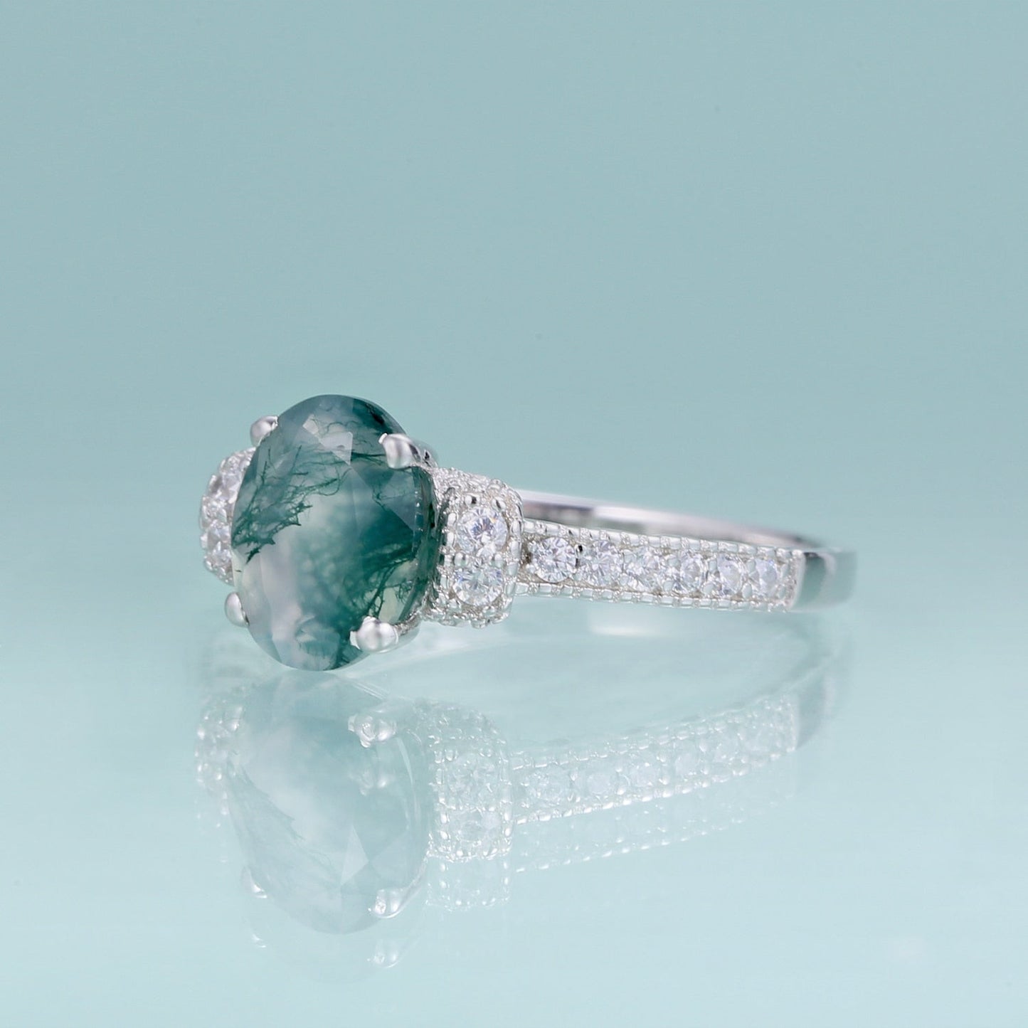 Silver moss agate ring oval cut pave setting art deco style