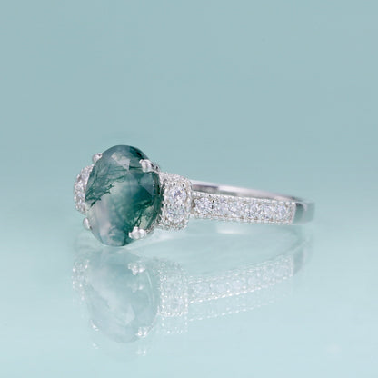 Silver moss agate ring oval cut pave setting art deco style
