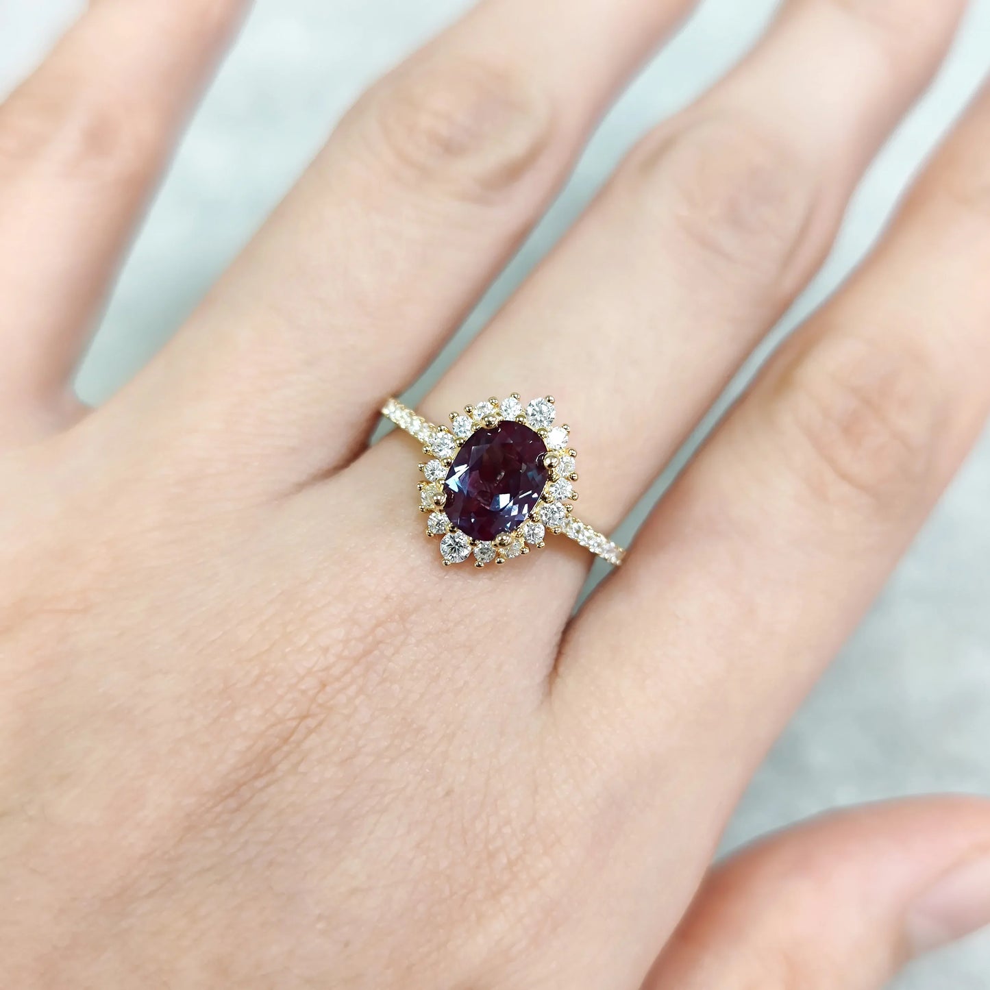 June birthstone alexandrite ring with diamond cz and oval alexandrite