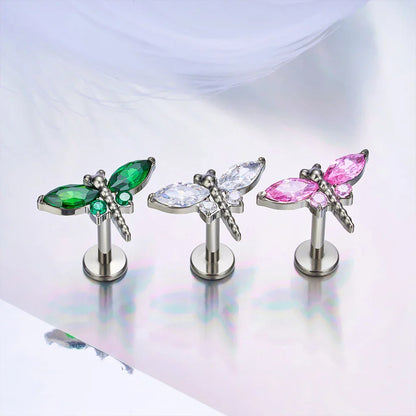 Dragonfly stud earring nose stud titanium piercing stud with clear pink or green diamonds
