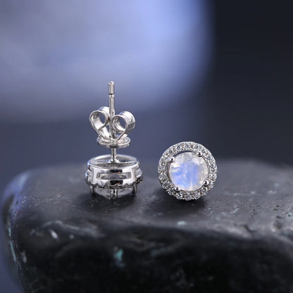Moonstone earrings with round moonstones and clear cz silver stud earrings push back earrings