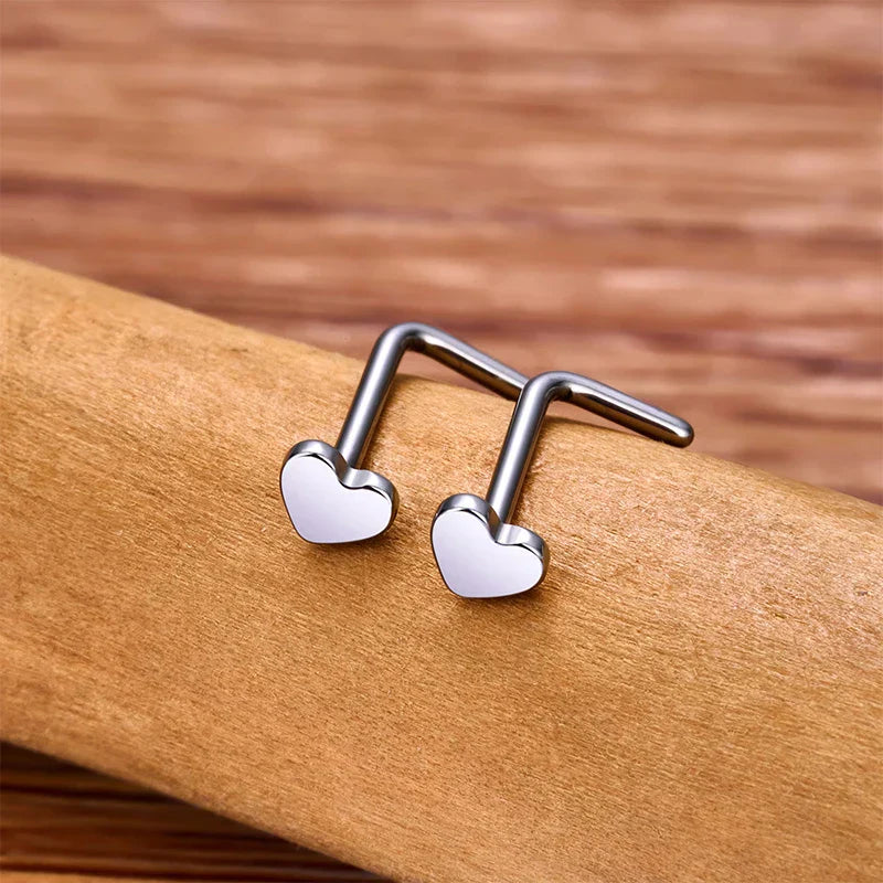 L shaped nose ring with a heart titanium nose stud 20 gauge