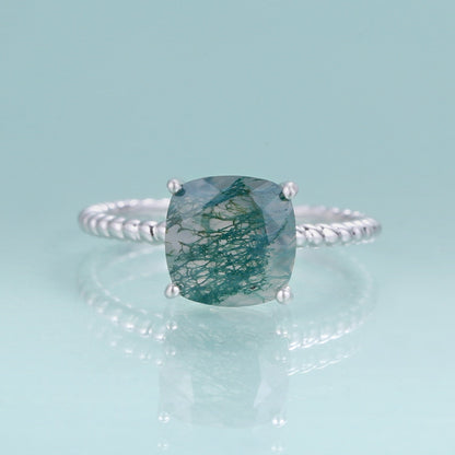 Natural moss agate ring square shape in silver