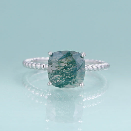 Natural moss agate ring square shape in silver