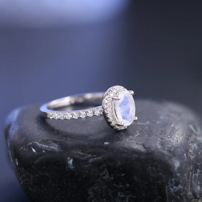 Moonstone diamond ring antique style sterling silver