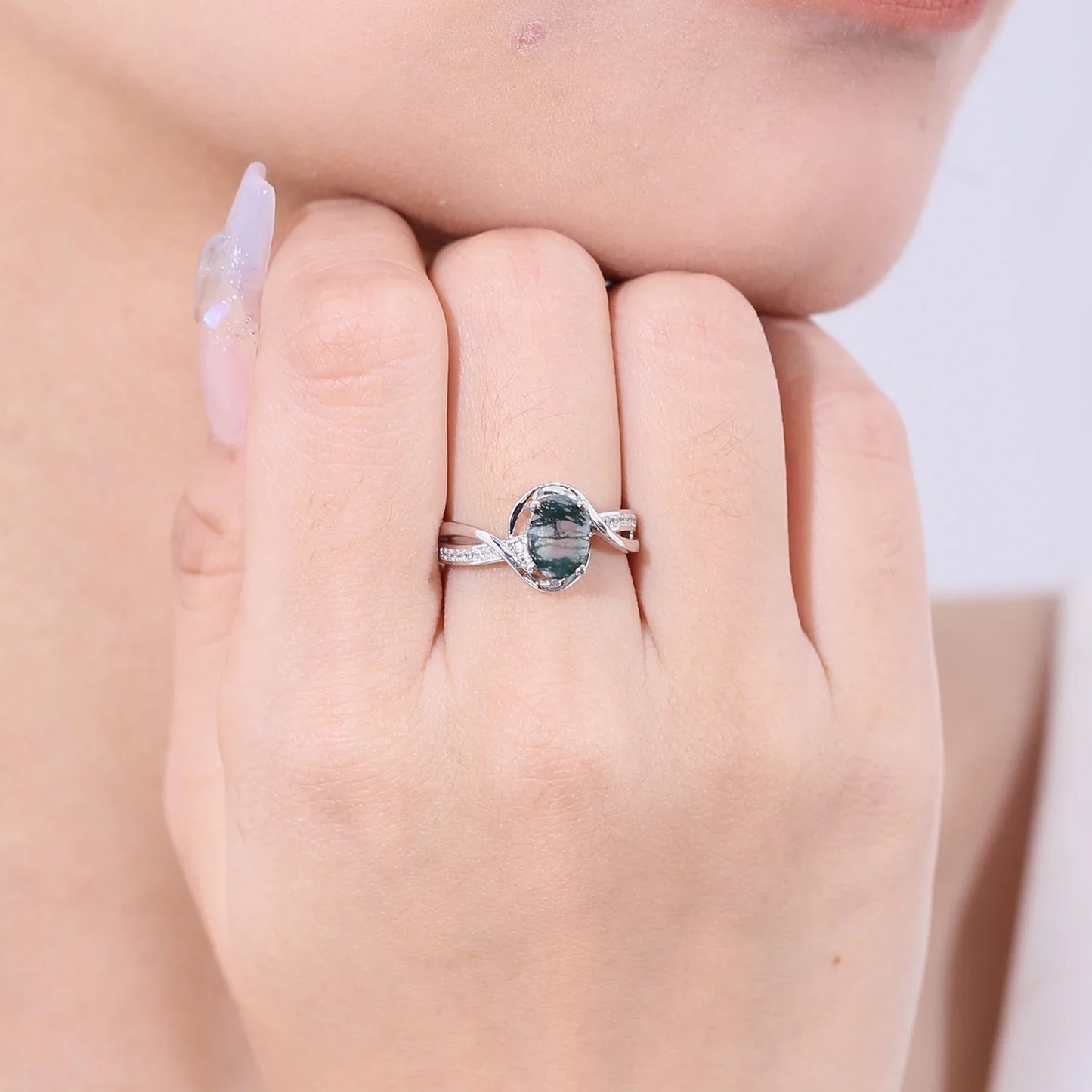 Moss agate and diamond engagement ring sterling silver oval moss agate engagement ring