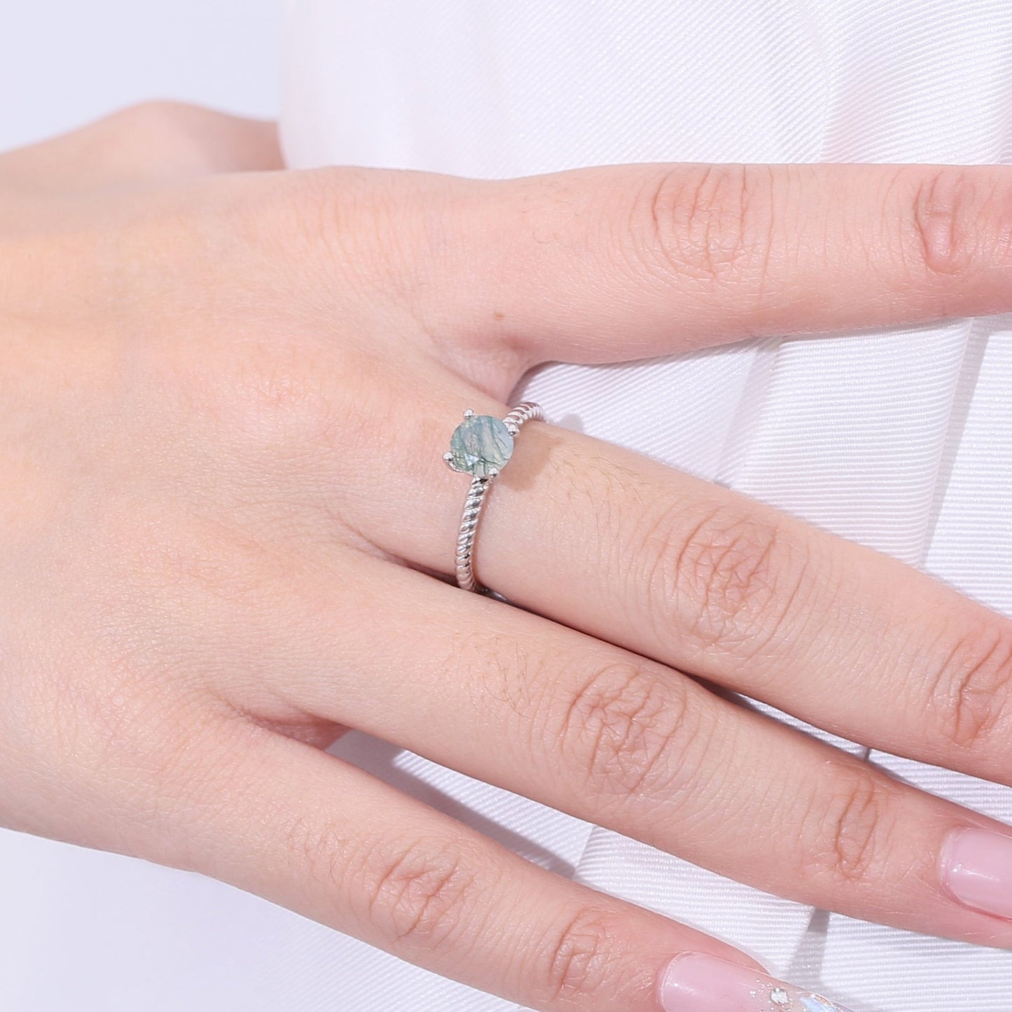Women's moss agate ring solitaire ring minimalist and dainty in silver