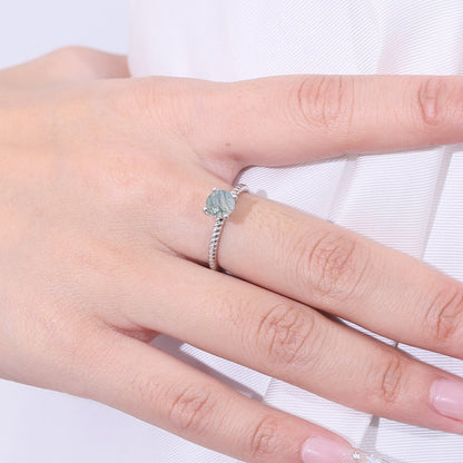 Women's moss agate ring solitaire ring minimalist and dainty in silver