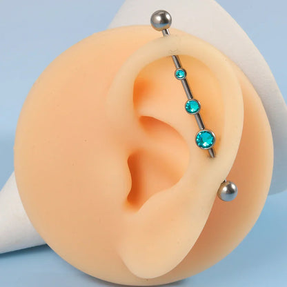 Diamond industrial bar with 3 clear pink blue CZ stones 14G 38mm titanium
