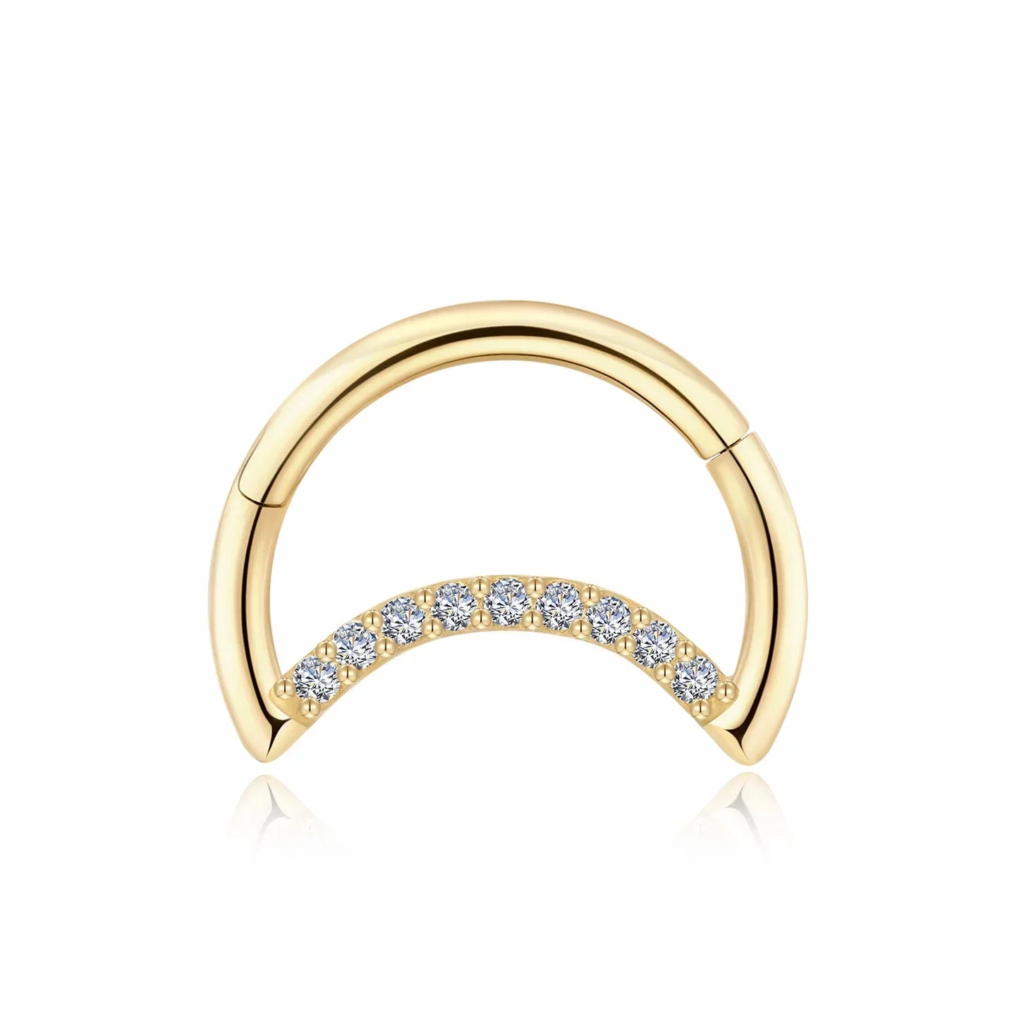 Half moon hoop earring with clear CZ stones 14K gold nose hoop half moon piercing