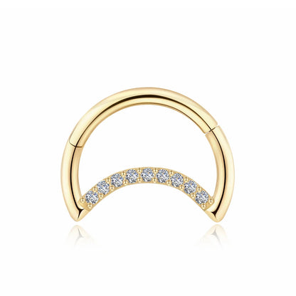 Half moon hoop earring with clear CZ stones 14K gold nose hoop half moon piercing