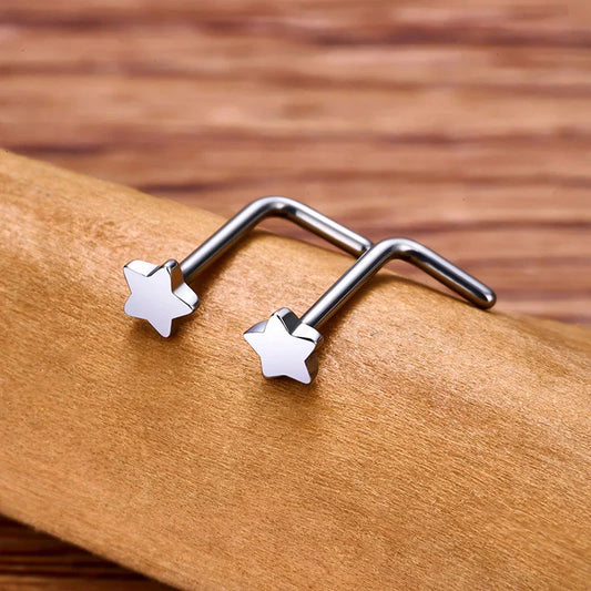 L shaped nose stud with a star 20 gauge silver titanium nose ring