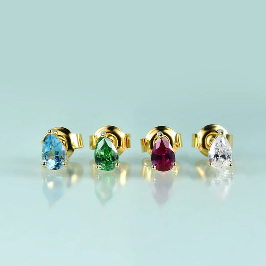 Ear cuff and stud set with clear red and green teardrop cz stones gold ear cuff