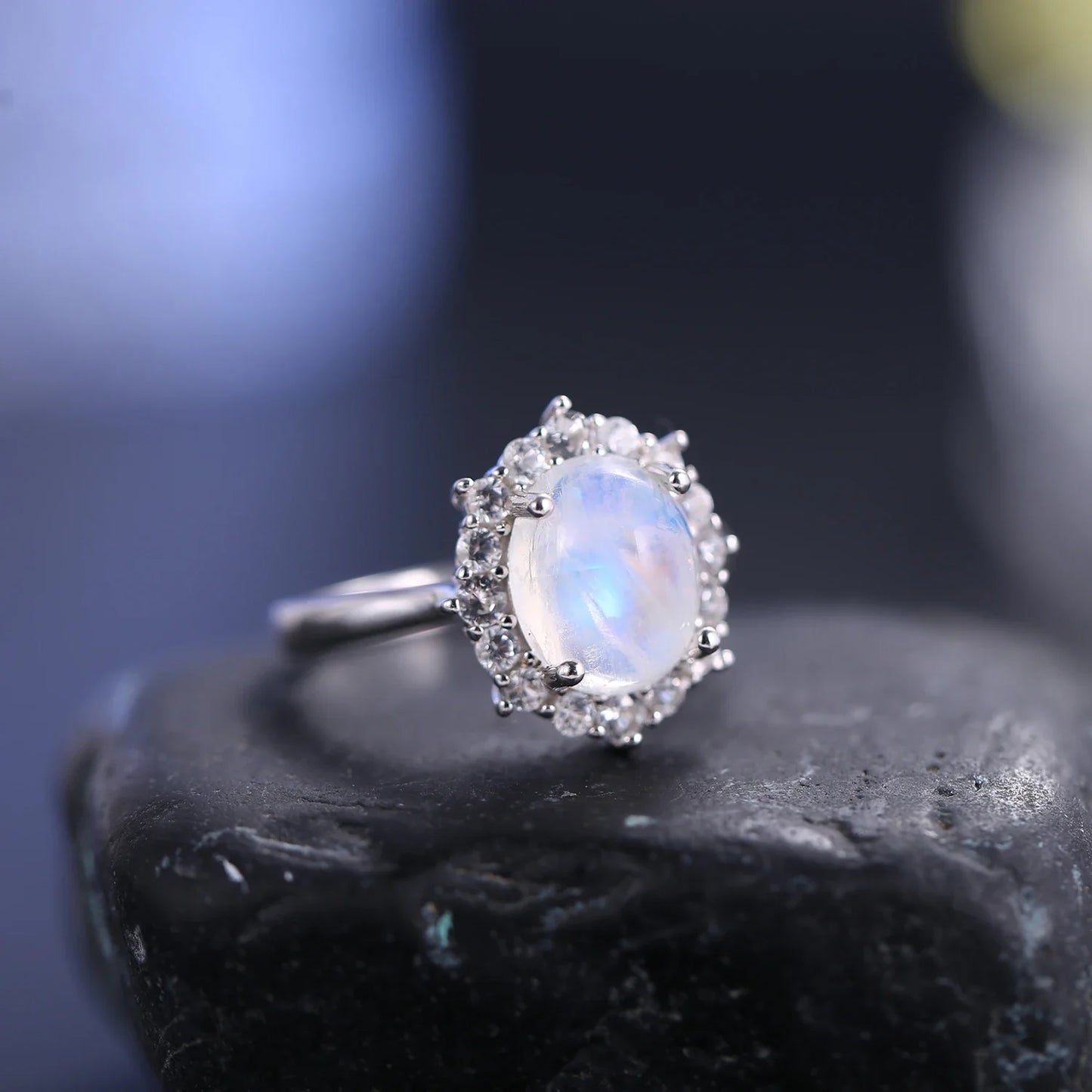 Moonstone engagement ring in gold and silver vintage style with diamond cz