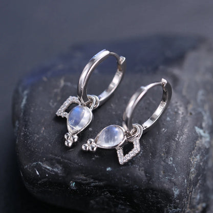 Moonstone drop earrings with teardrop moonstones three dots and cz short hoop earrings