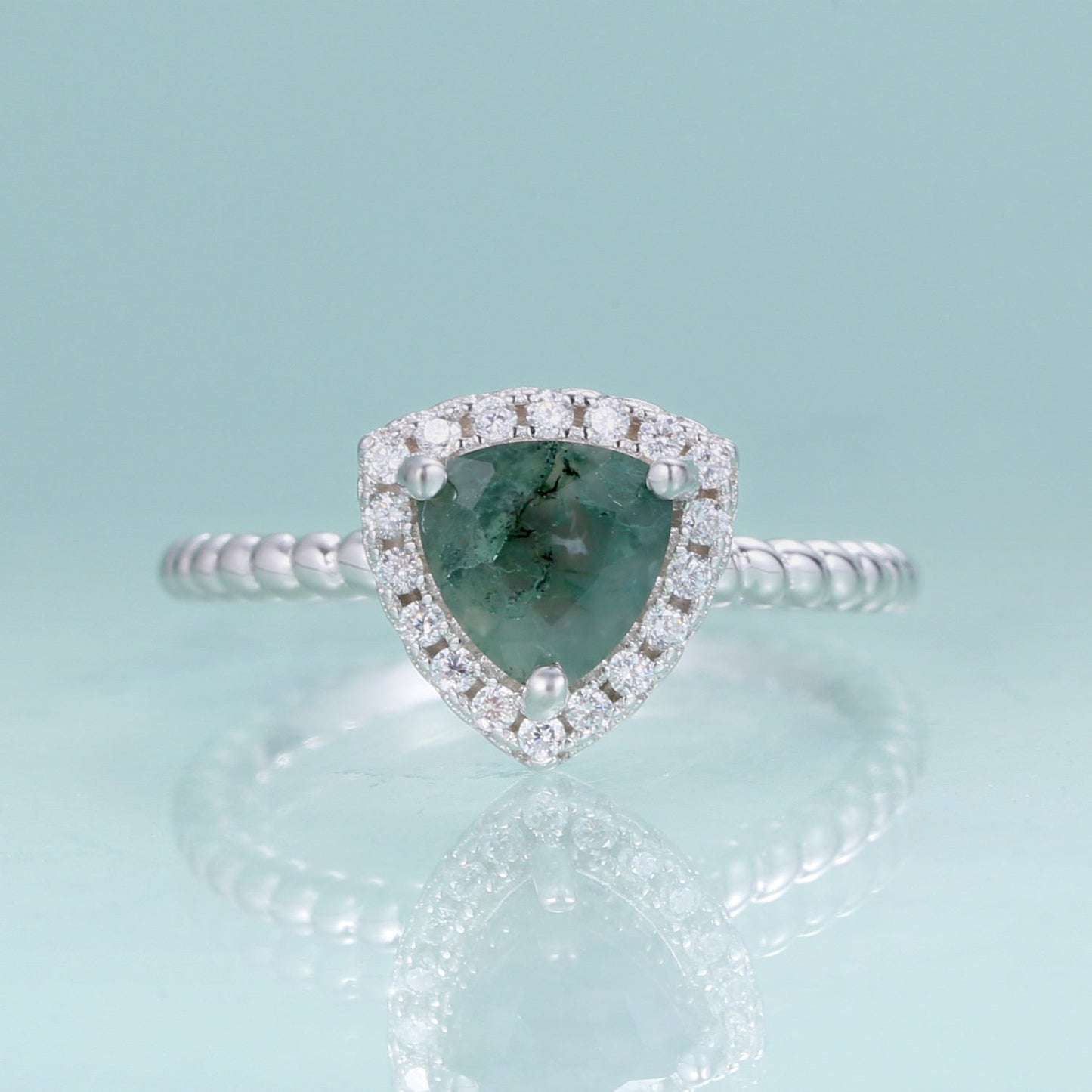 Moss agate ring trillion-cut in 925 sterling silver