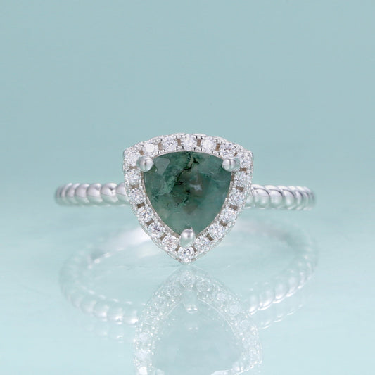 Moss agate ring trillion-cut in 925 sterling silver