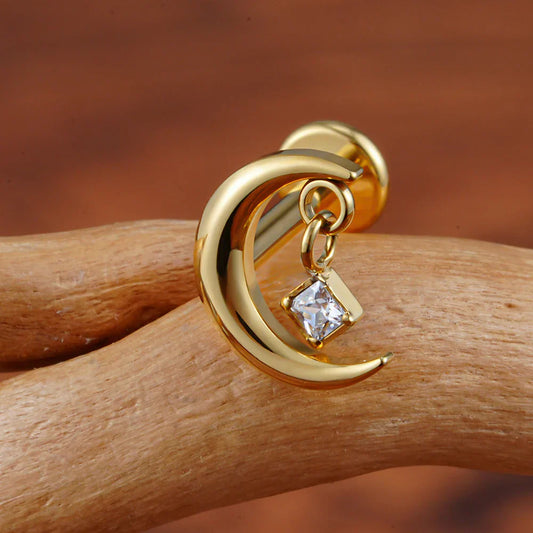 Moon stud earring with a clear CZ crescent moon titanium stud 16G