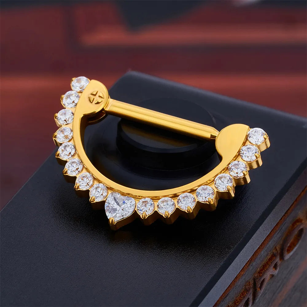Half-circle nipple ring 14g gold and silver with CZ stones implant-grade titanium 1 piece